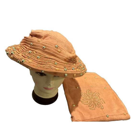 Auto gele, fully stoned Aso oke, head tie with shoulder shawl Orange - Picture 1 of 3